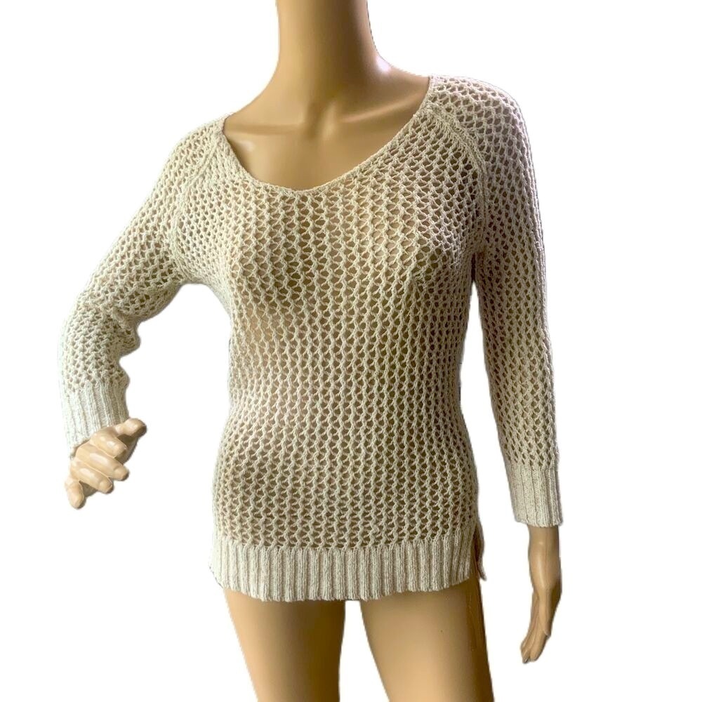 Lucky Brand Beige Open-Knit Long Sleeve V-Neck Pullover‎ Sweater Size XS
